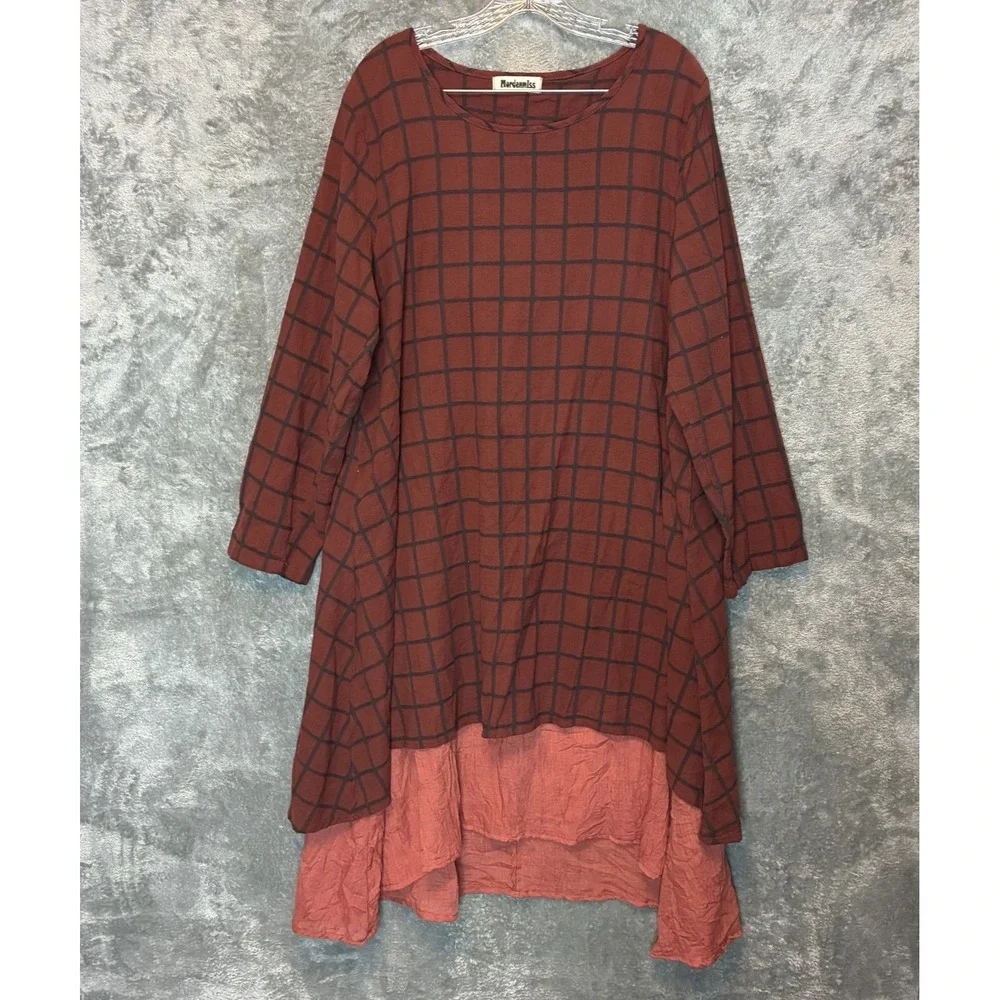 Womens Grid Plaid Midi Dress XL* Lagenlook Layered Artsy Mori Kei Earthy Neutral